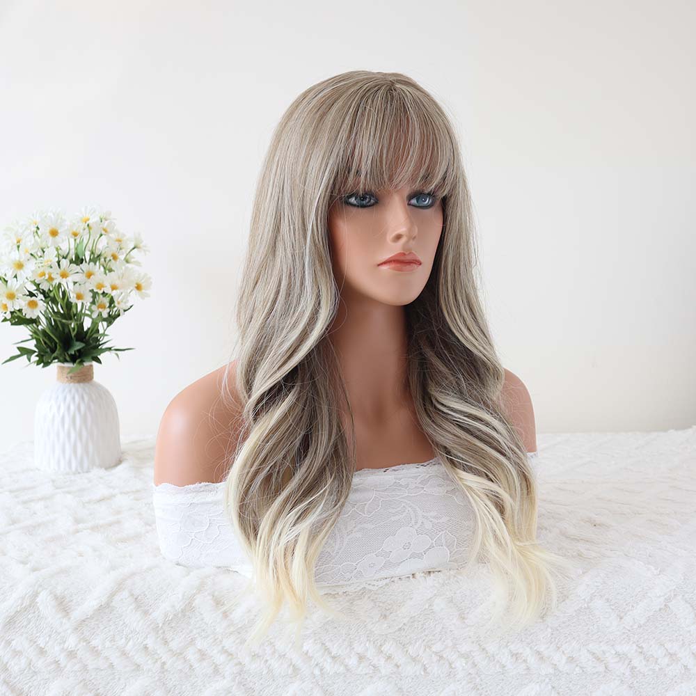 Evelyn Grey Long Wavy Wig with Bangs