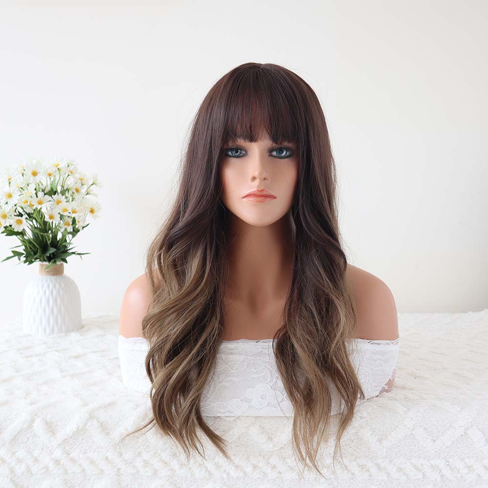 Amelia 26 Inches Brown Long Wavy Wig with Bangs