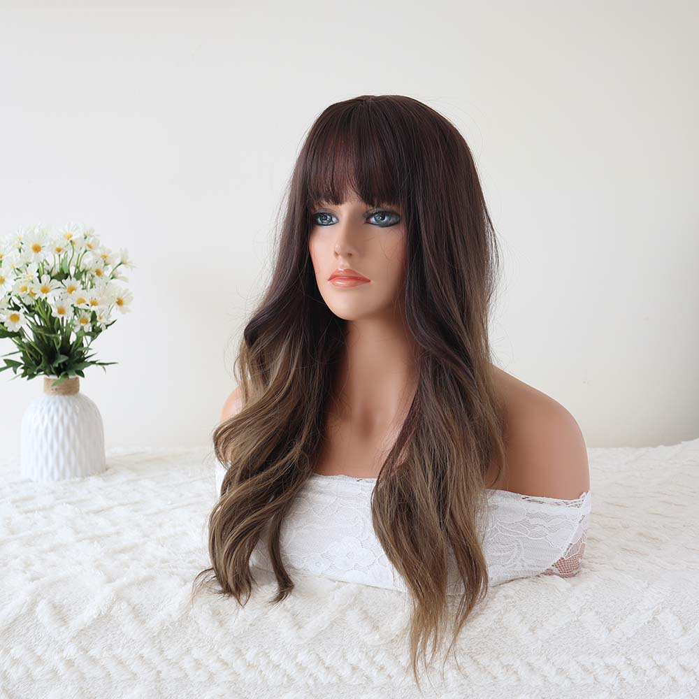 Amelia 26 Inches Brown Long Wavy Wig with Bangs