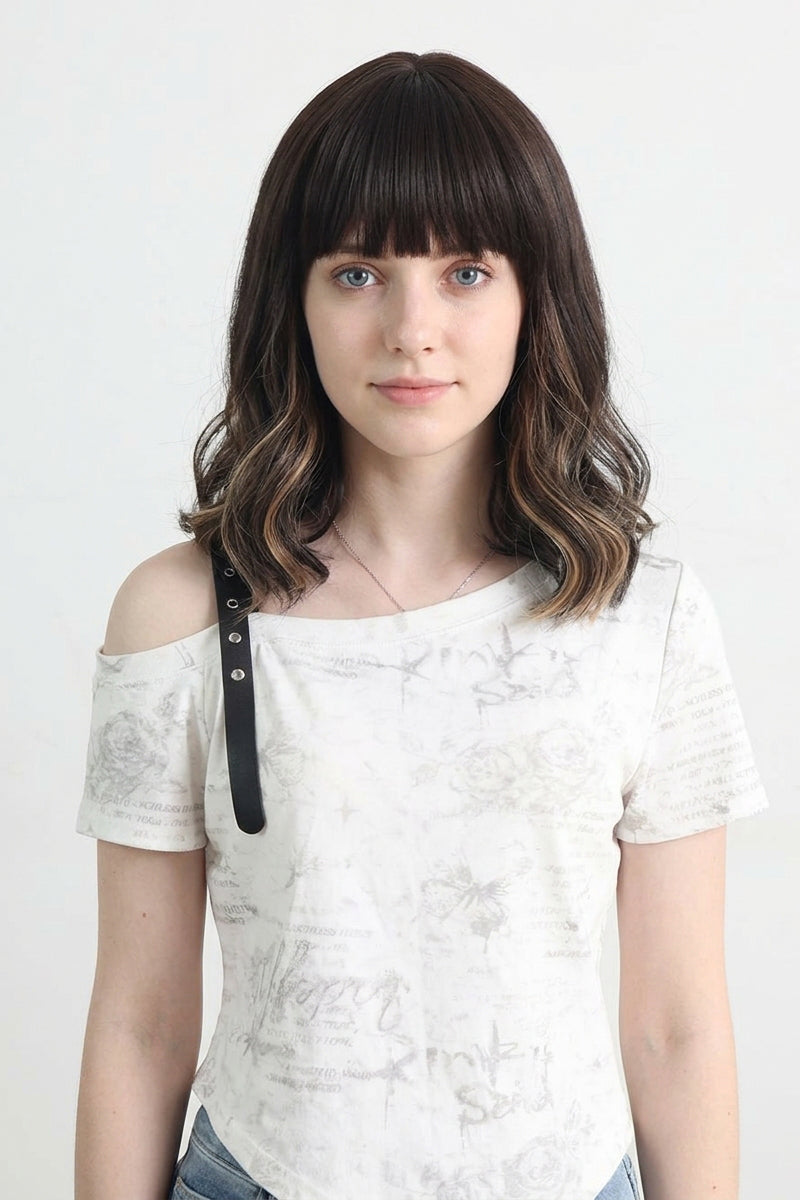 Dark Brown Short Wavy Wig with bangs