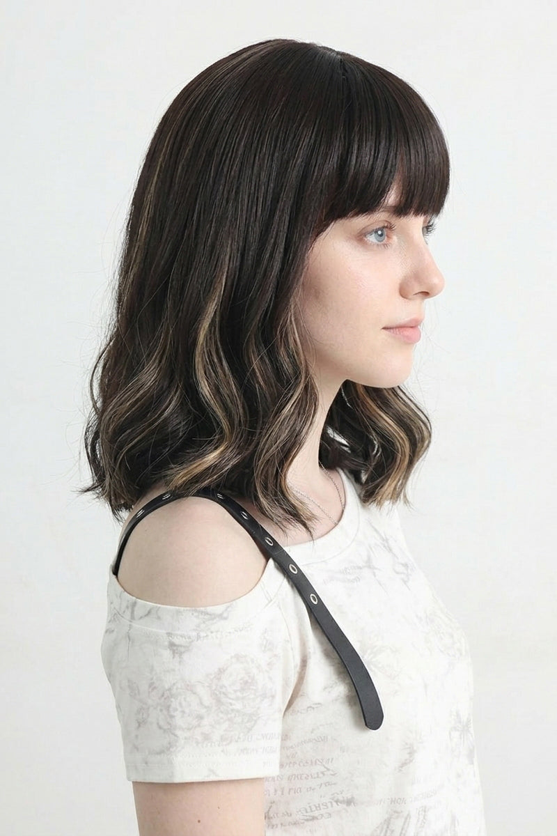 Dark Brown Short Wavy Wig with bangs