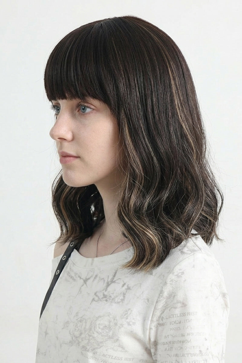 Dark Brown Short Wavy Wig with bangs