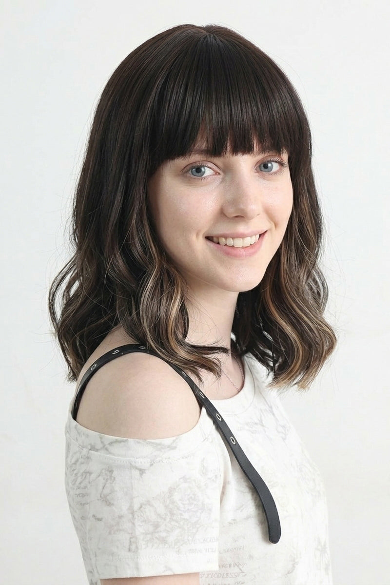 Dark Brown Short Wavy Wig with bangs