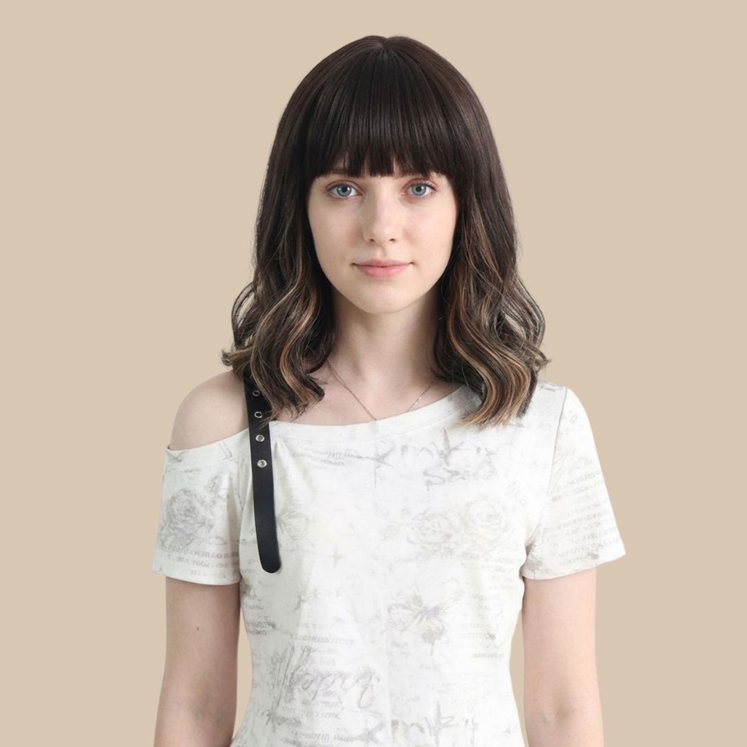 Dark Brown Short Wavy Wig with bangs