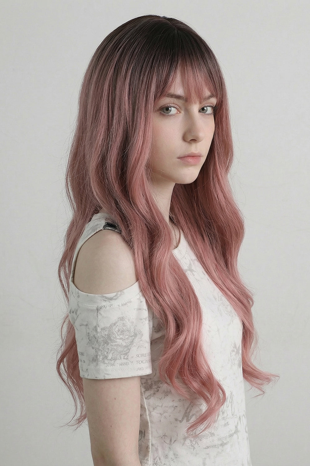 Pink Long Wavy Wig with Bangs