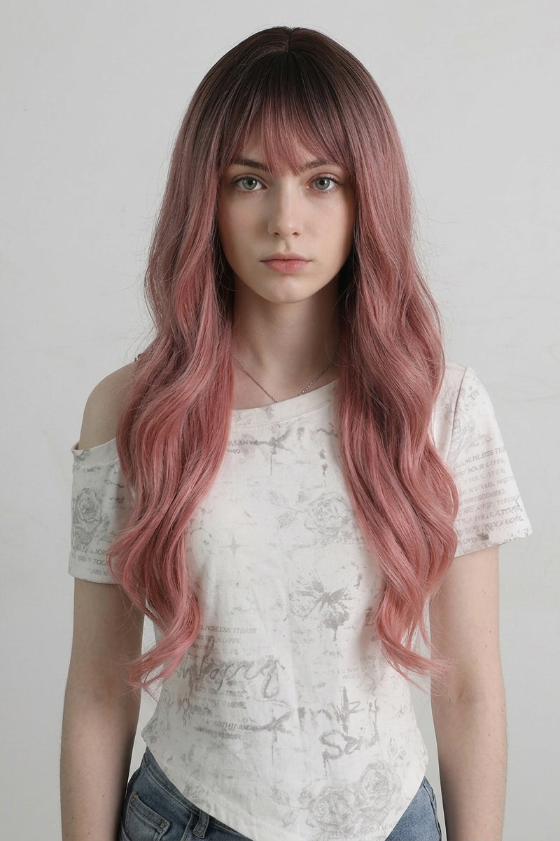 Pink Long Wavy Wig with Bangs