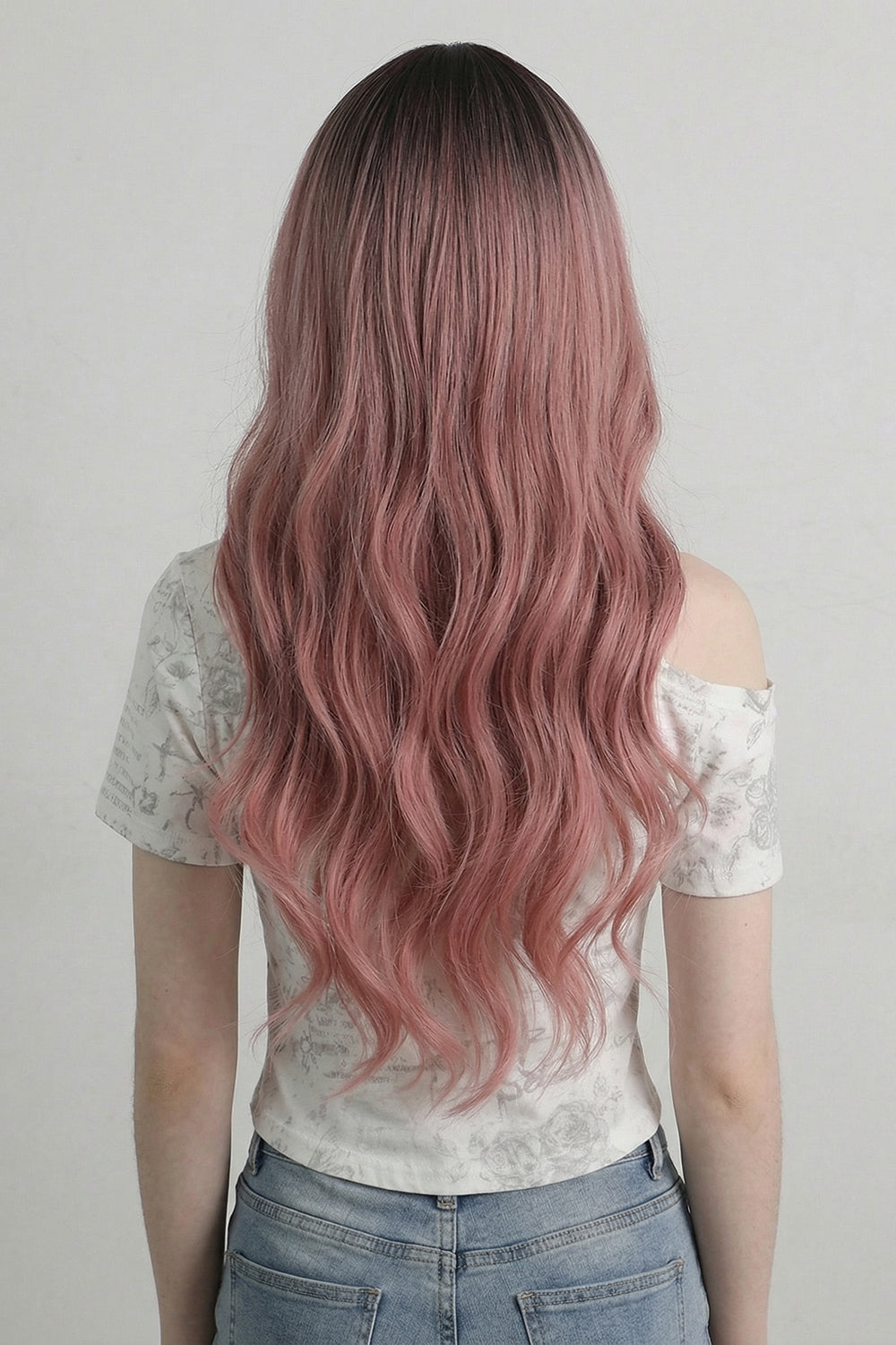 Pink Long Wavy Wig with Bangs