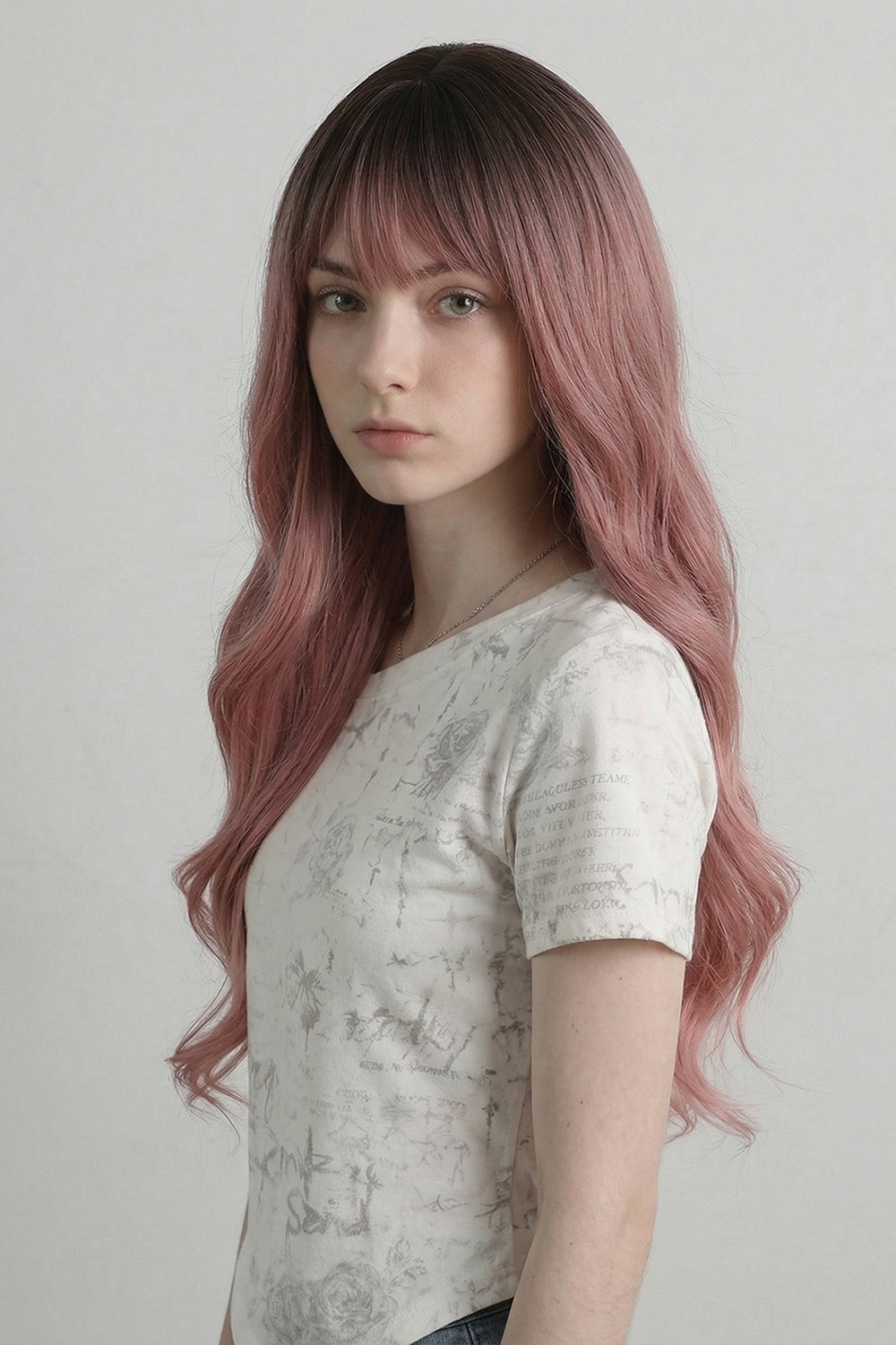 Pink Long Wavy Wig with Bangs