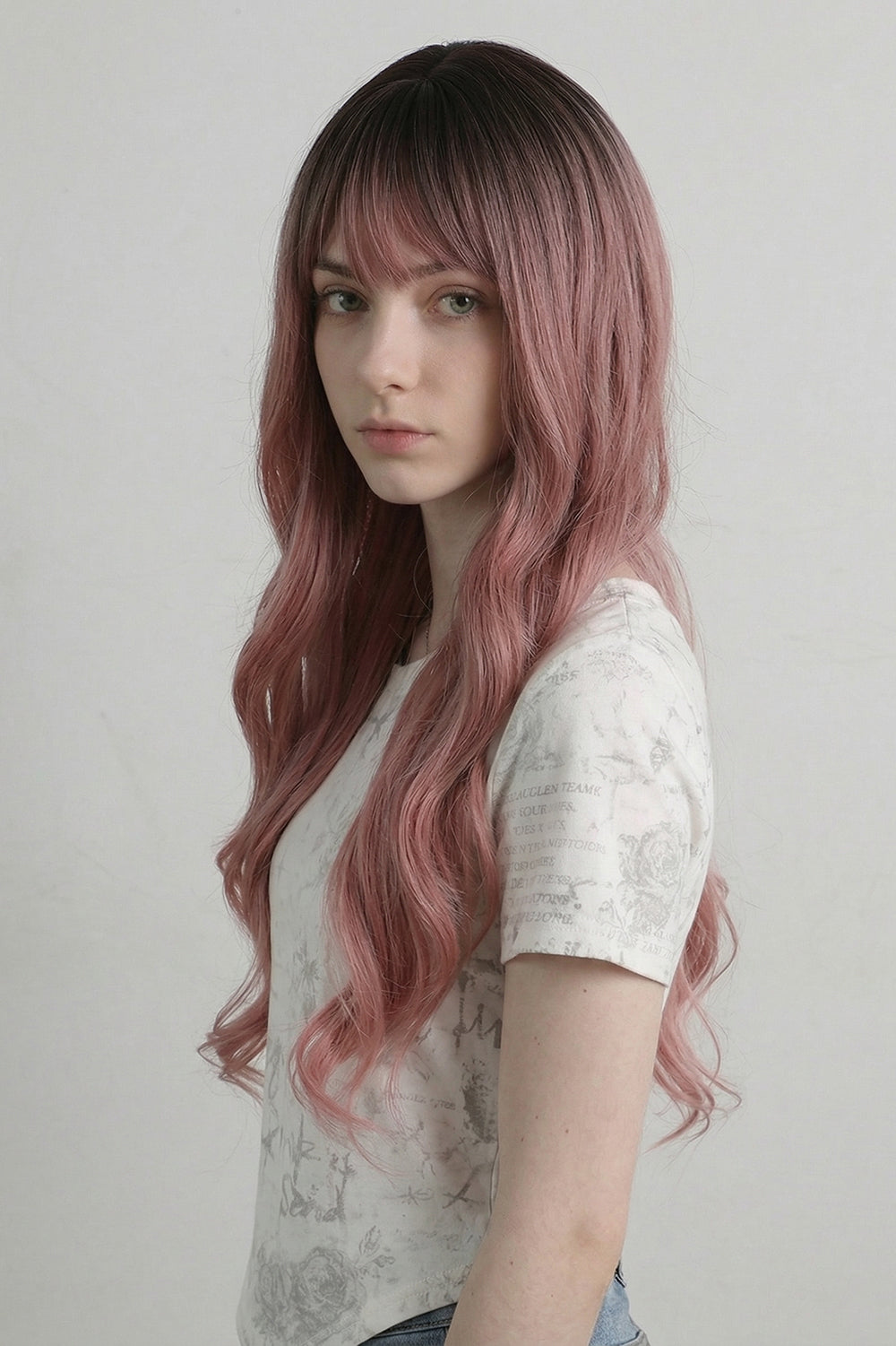Pink Long Wavy Wig with Bangs
