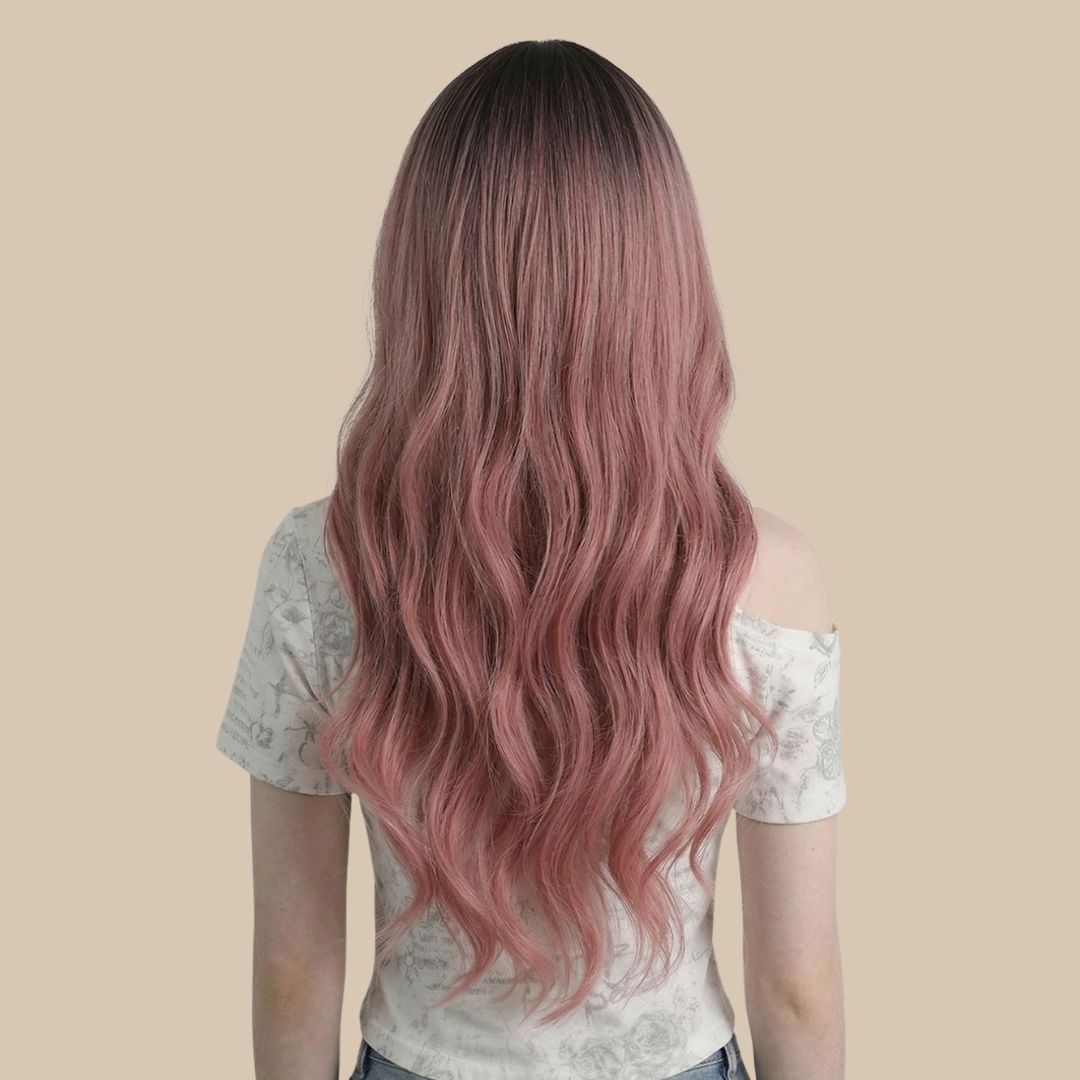 Pink Long Wavy Wig with Bangs