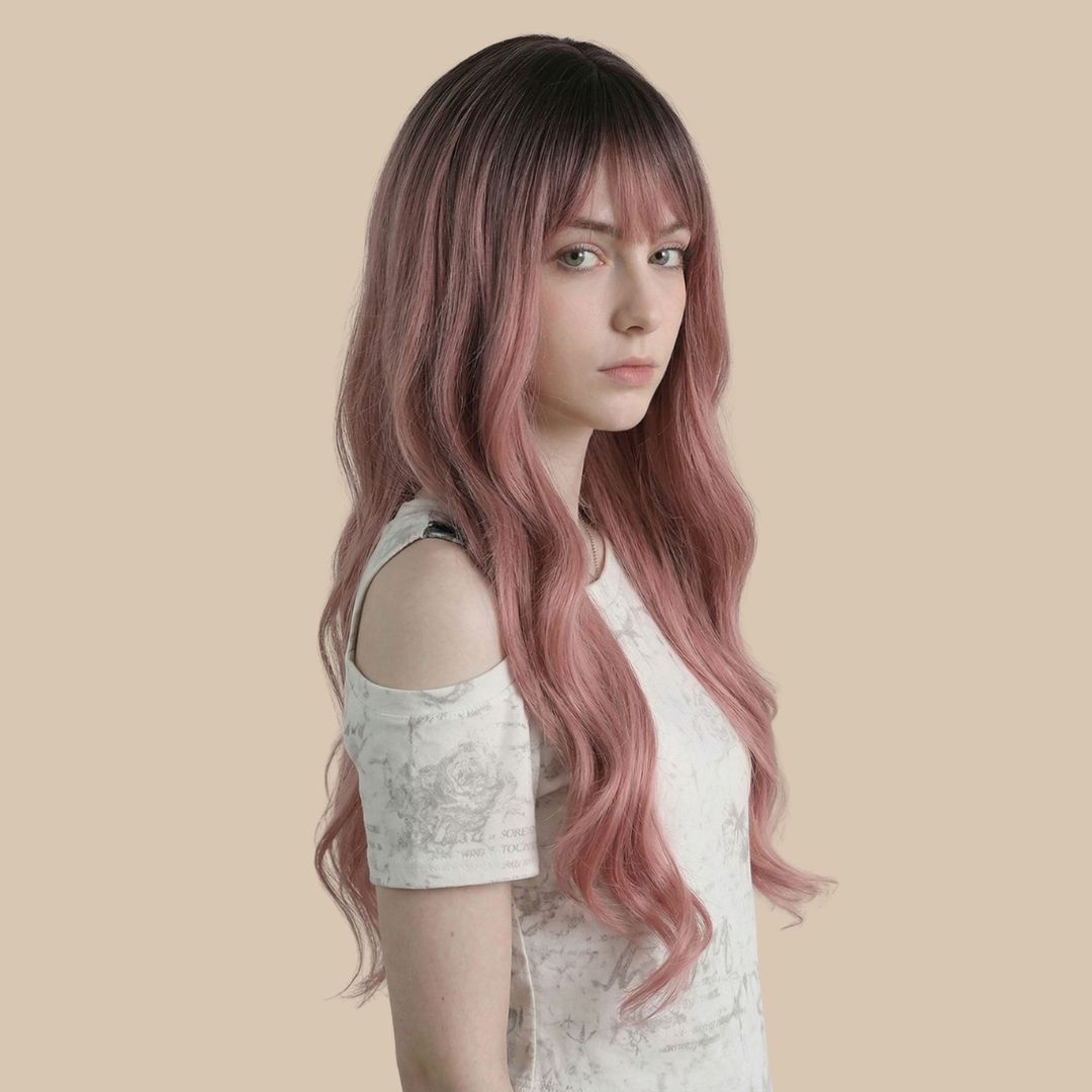 Pink Long Wavy Wig with Bangs