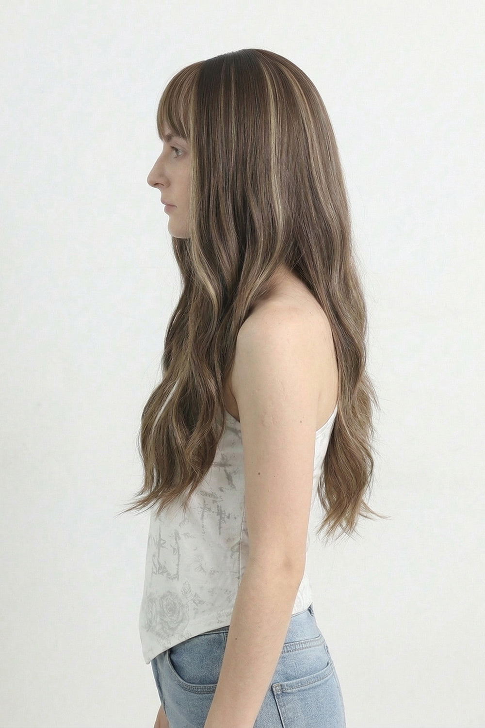 Brown Long Wavy Synthetic Wig with Air Bangs