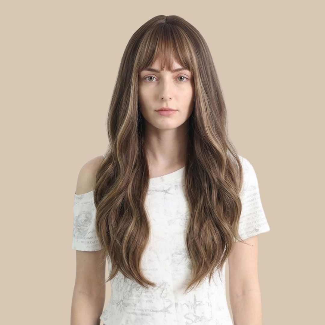 Brown Long Wavy Synthetic Wig with Air Bangs