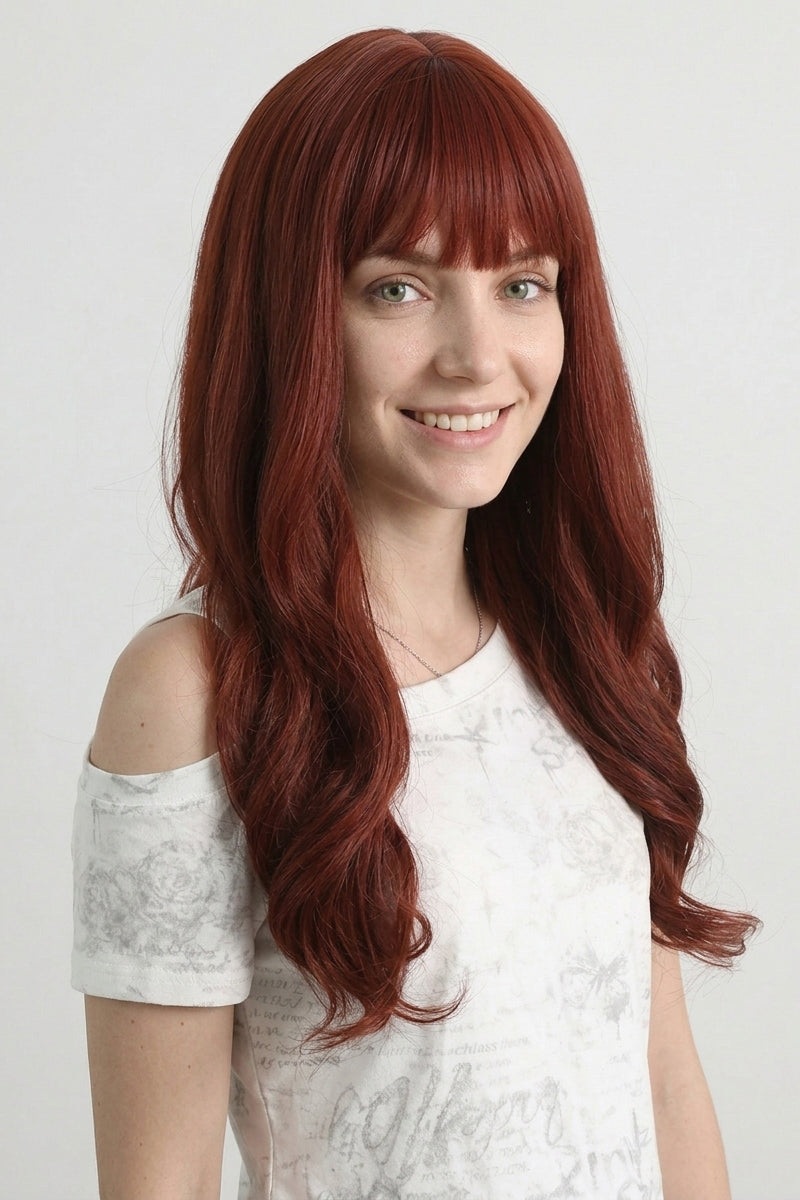26 Inches Red Long Wavy Wig with Bangs