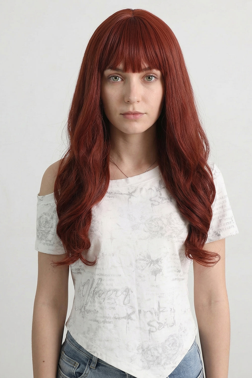 26 Inches Red Long Wavy Wig with Bangs
