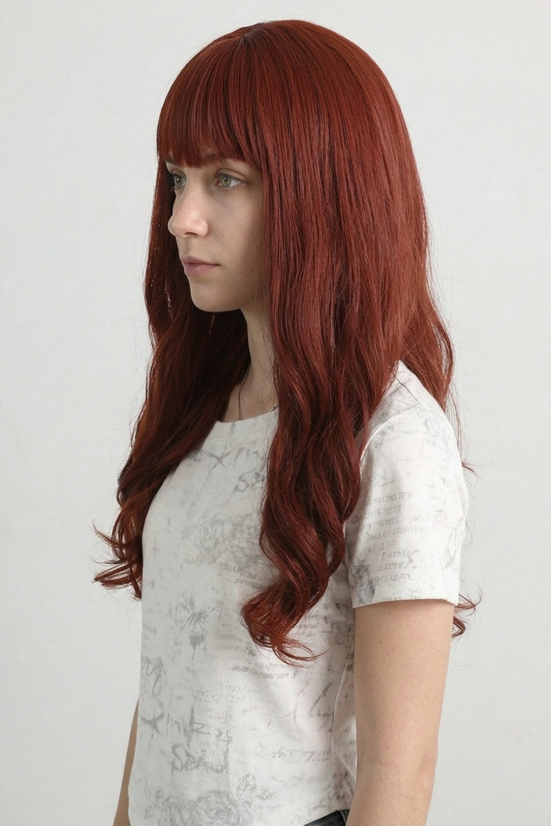 26 Inches Red Long Wavy Wig with Bangs