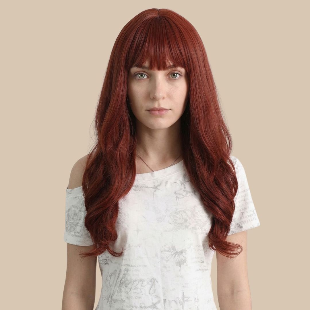 26 Inches Red Long Wavy Wig with Bangs