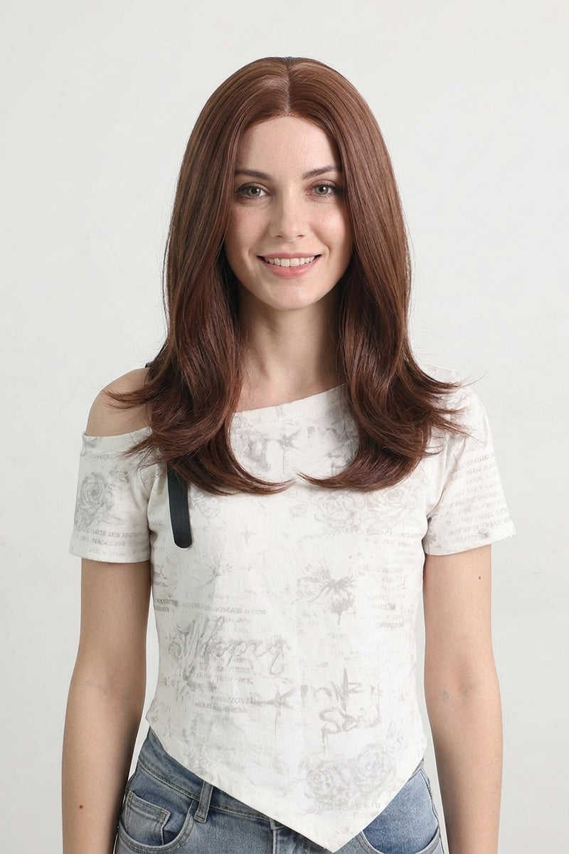 Red Brown Short Wavy Wig with Bangs