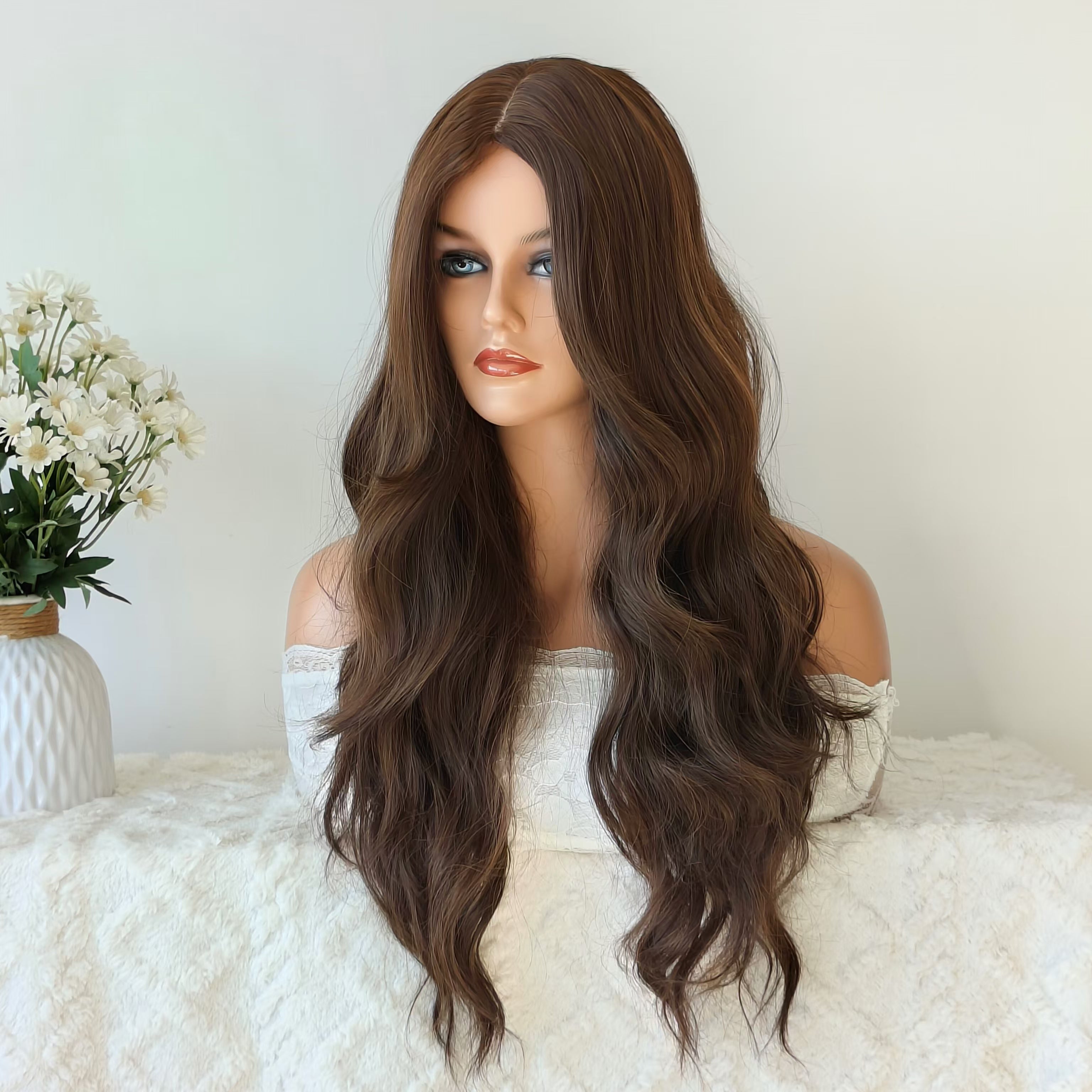 Brown long wavy wig without bangs