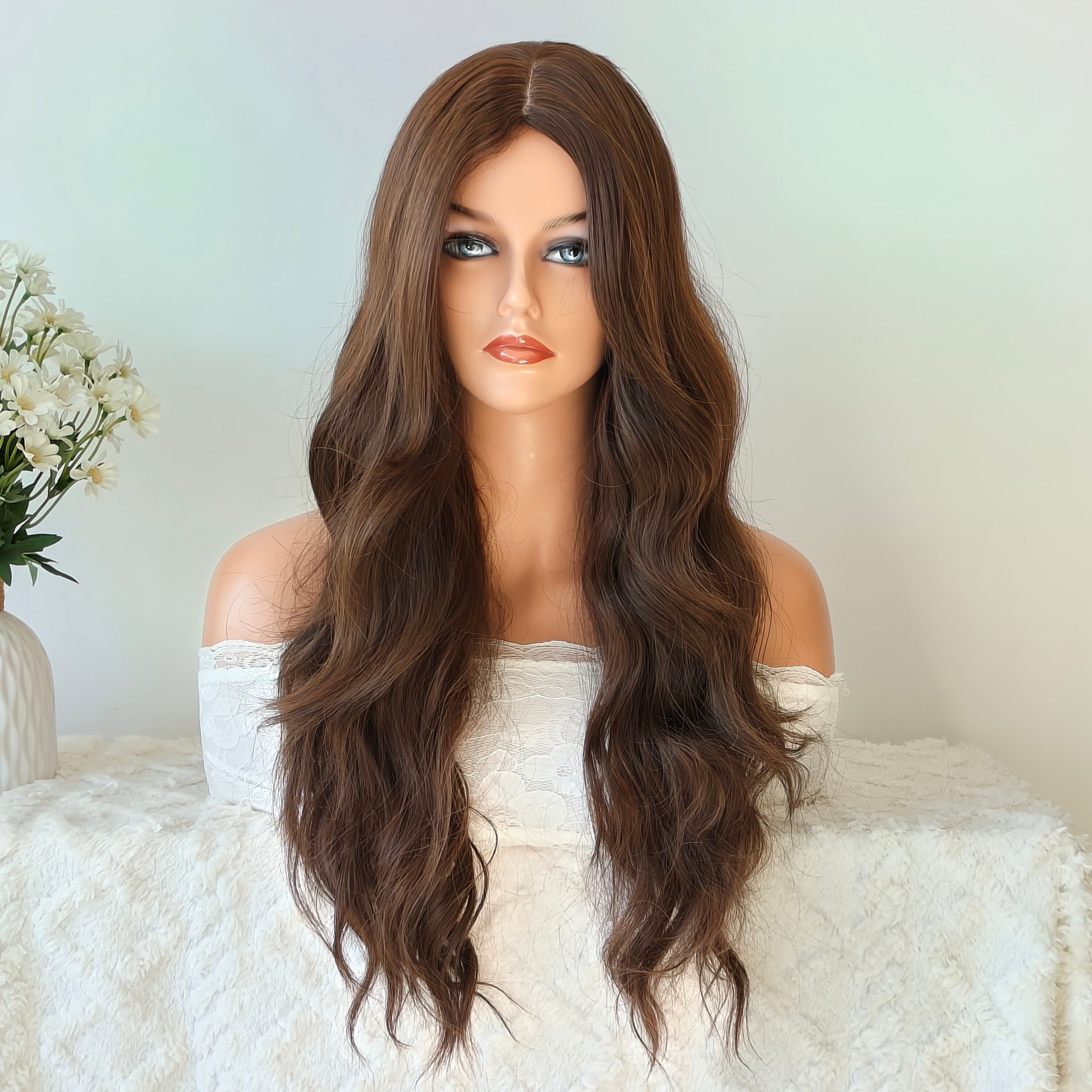 Brown long wavy wig without bangs