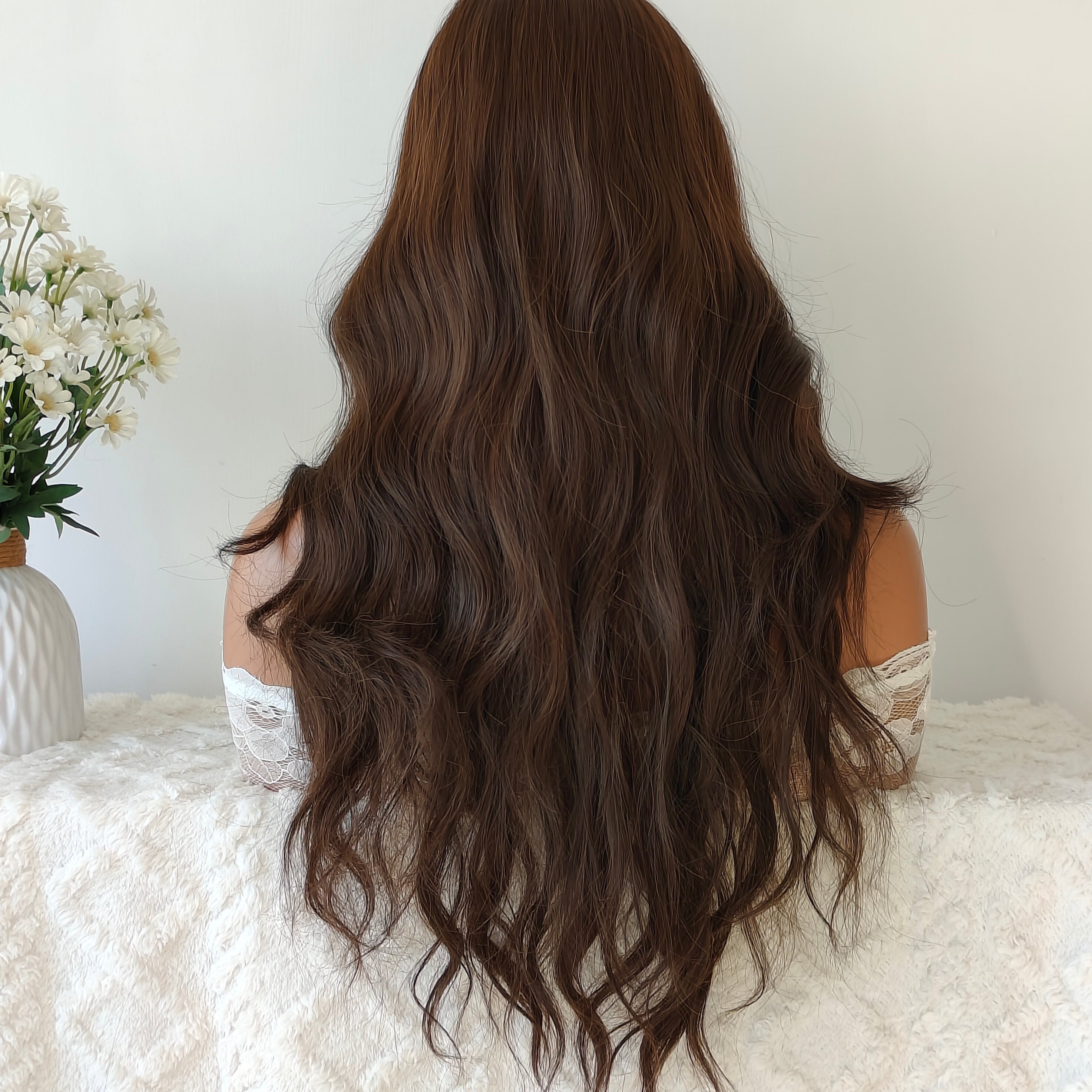 Brown long wavy wig without bangs