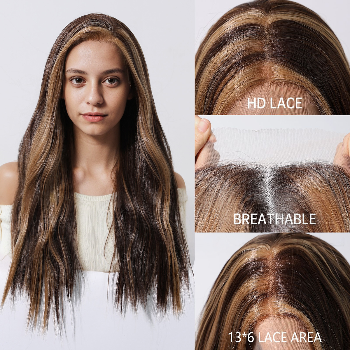 Loose Wave HD Lace Front Wig - Ombre Brown with Blonde Highlights, Glueless & Heat Resistant, 20 Inch (52cm)