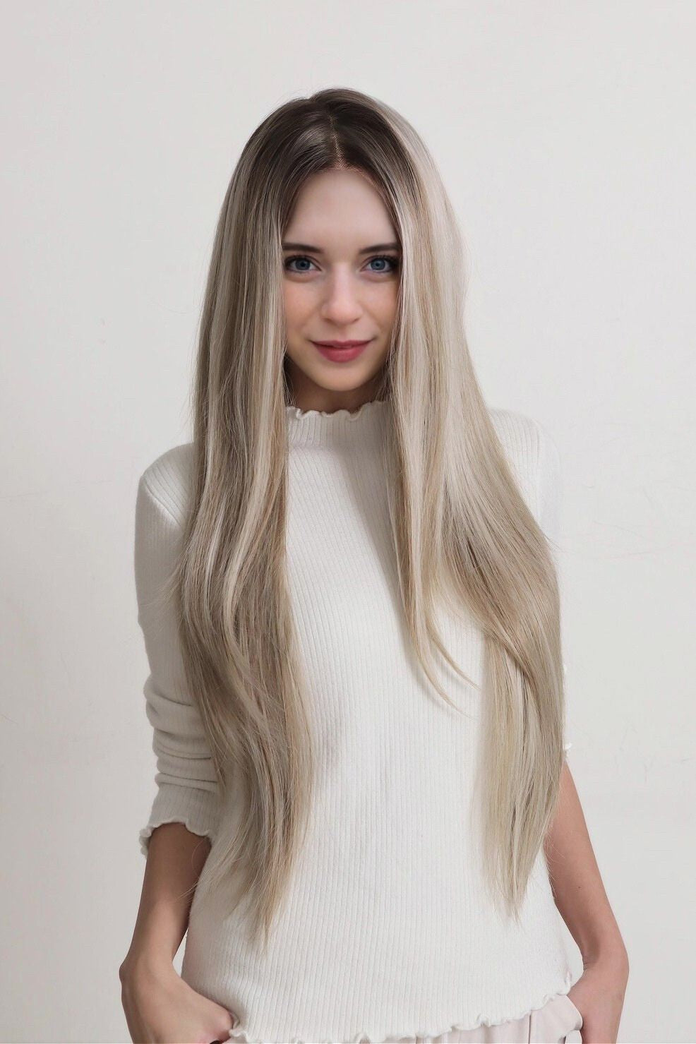 Celine — Rooted Ash Blonde · 30" | 13×6 Lace Front Wig