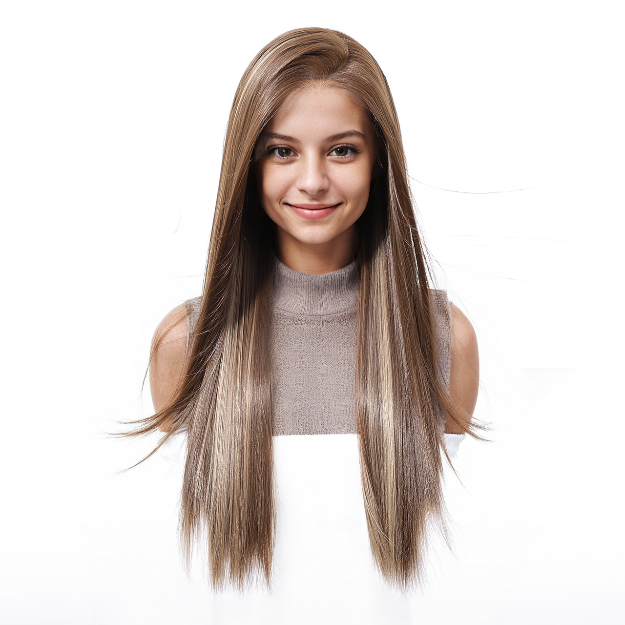 Straight HD Lace Front Wig - Brown with White Blonde Highlights, Glueless & Heat Resistant, 24 Inch (60cm)