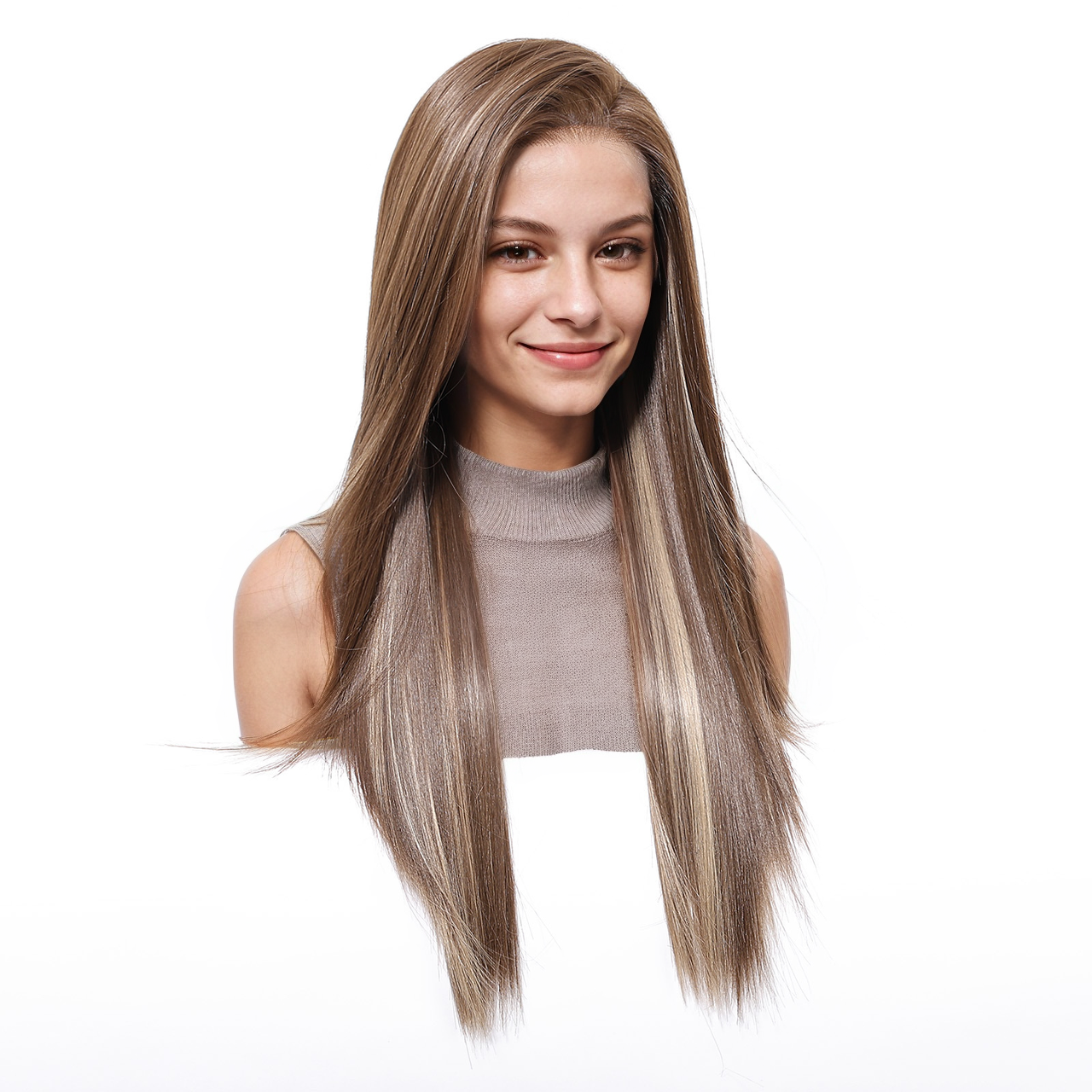 Straight HD Lace Front Wig - Brown with White Blonde Highlights, Glueless & Heat Resistant, 24 Inch (60cm)