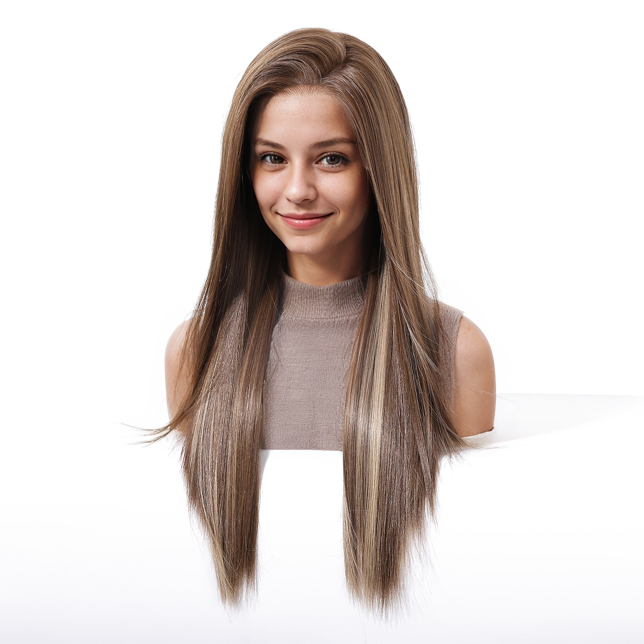 Straight HD Lace Front Wig - Brown with White Blonde Highlights, Glueless & Heat Resistant, 24 Inch (60cm)