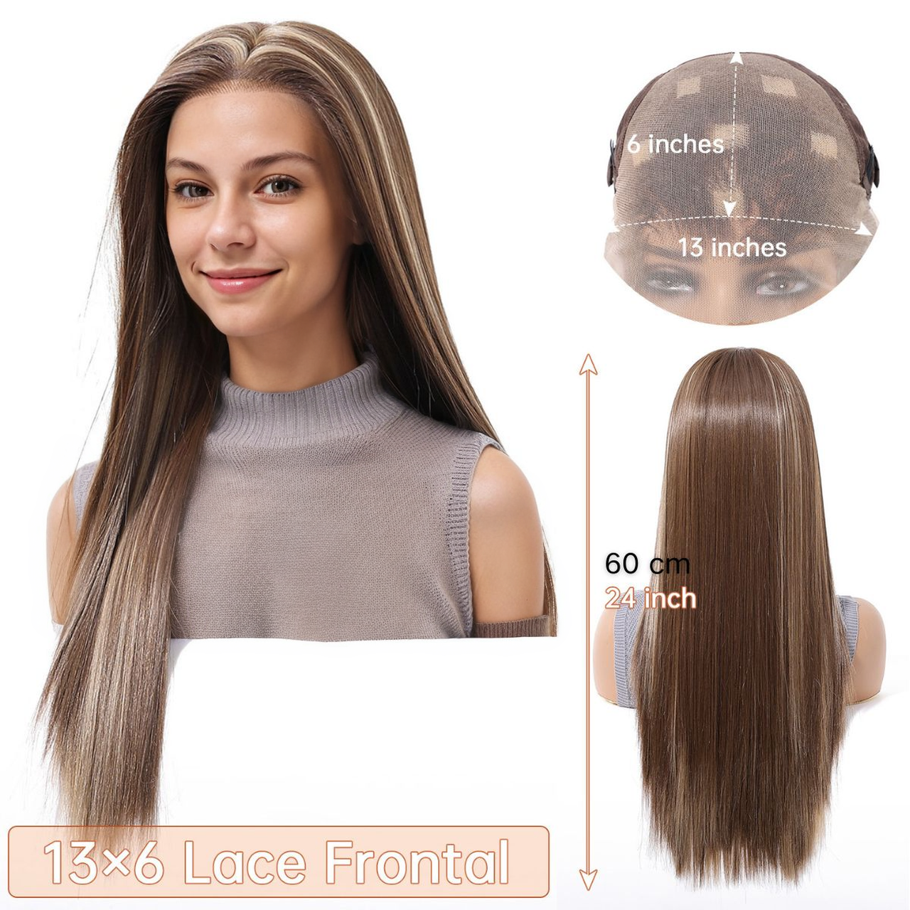 Straight HD Lace Front Wig - Brown with White Blonde Highlights, Glueless & Heat Resistant, 24 Inch (60cm)