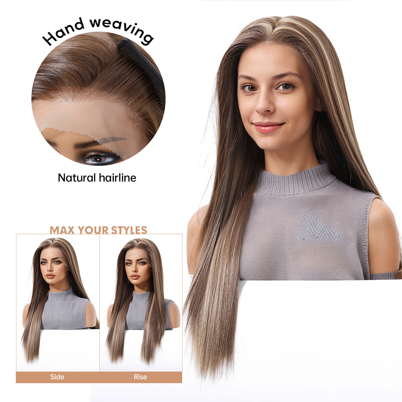Straight HD Lace Front Wig - Brown with White Blonde Highlights, Glueless & Heat Resistant, 24 Inch (60cm)