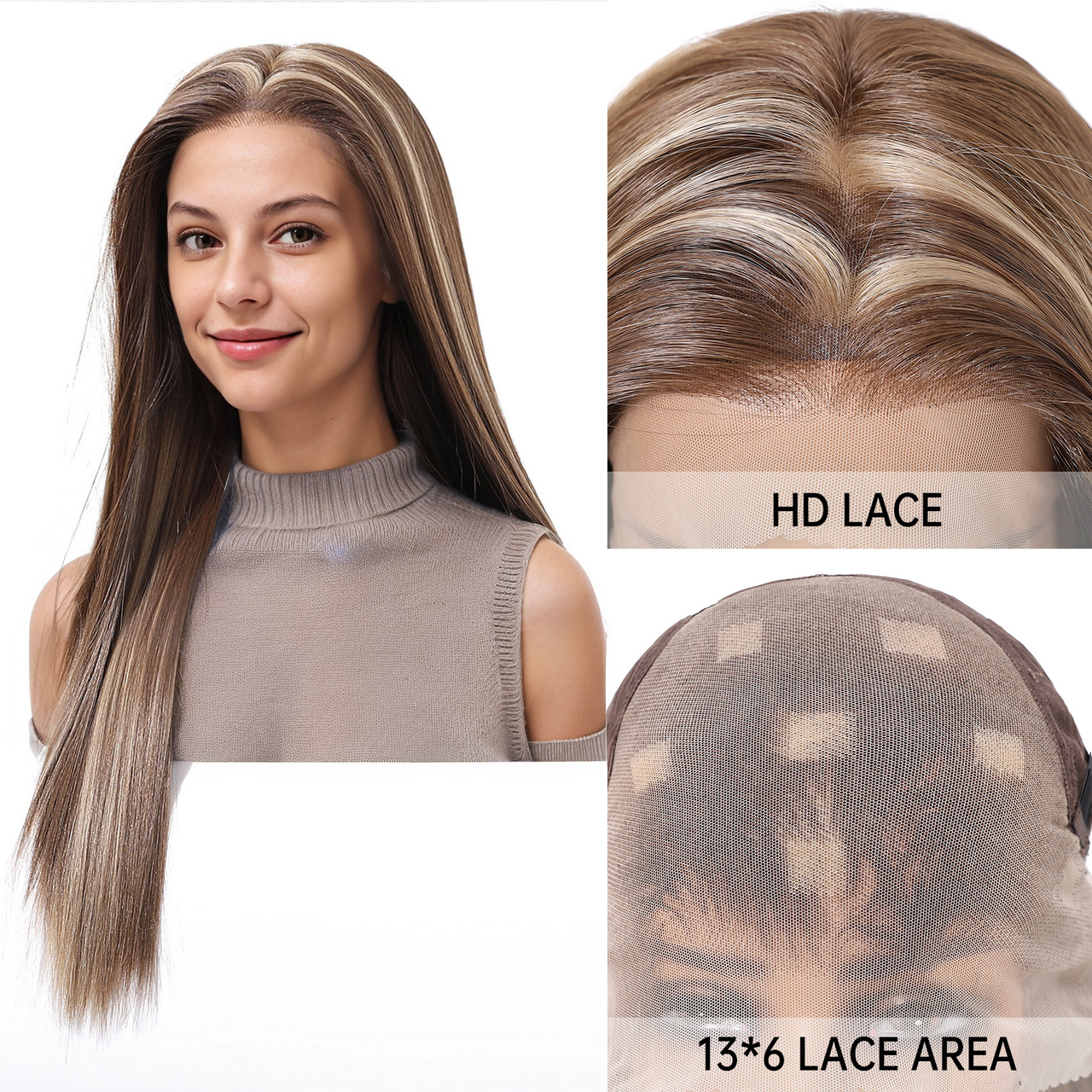 Straight HD Lace Front Wig - Brown with White Blonde Highlights, Glueless & Heat Resistant, 24 Inch (60cm)