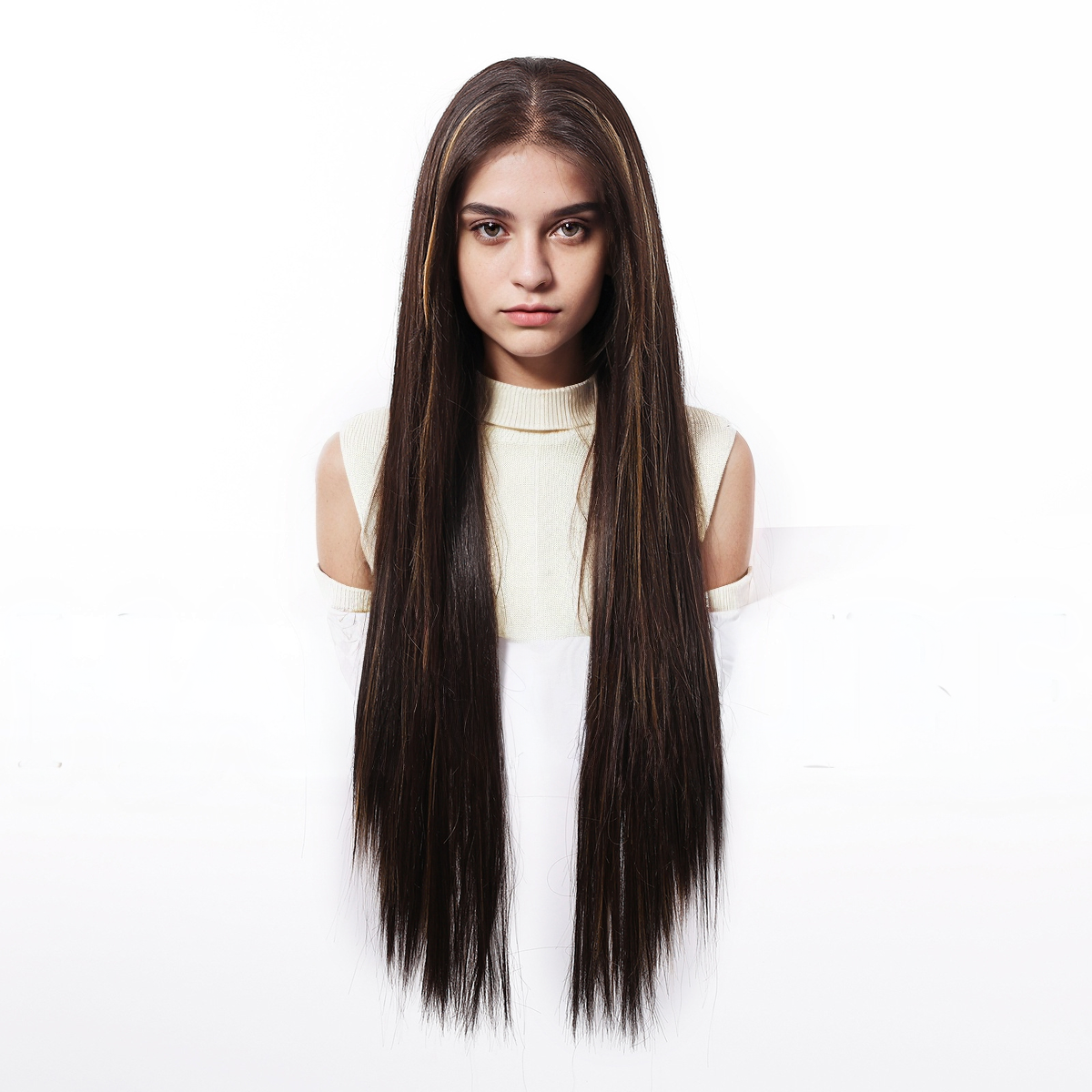 Straight HD Lace Front Wig - Dark Brown with Blonde Highlights, Glueless & Heat Resistant, 30 Inch (76cm)