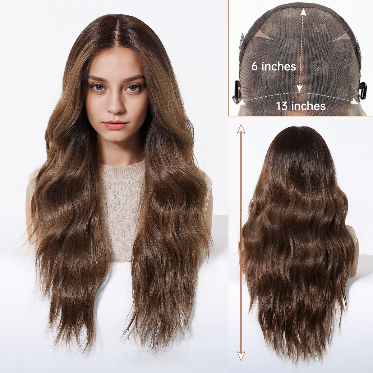 Body Wave HD Lace Front Wig - Brown with Blonde Highlights, Pre-Plucked Hairline, 26 Inch (66cm)