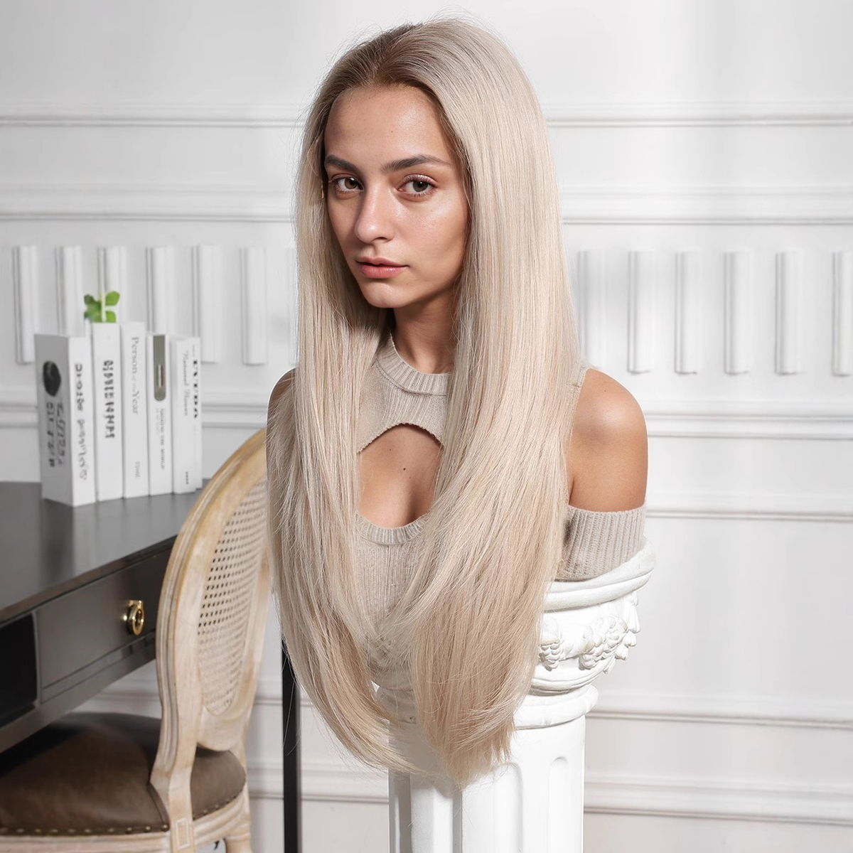 Straight HD Lace Front Wig - Ombre White Blonde, 100% Hand-Tied Mono Top, 20 Inch (50cm)