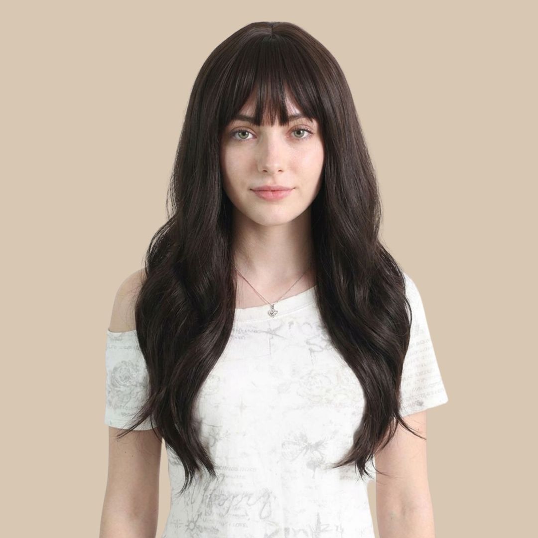 26 Inches Brown Long Wavy Wig with Bangs