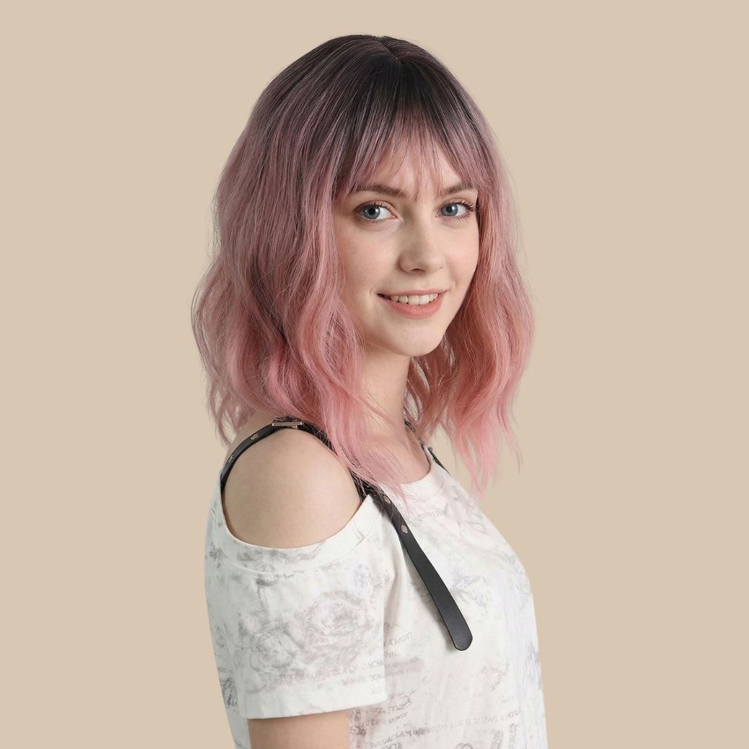 Rose Pink Ombre Wavy Bob Wig with Bangs
