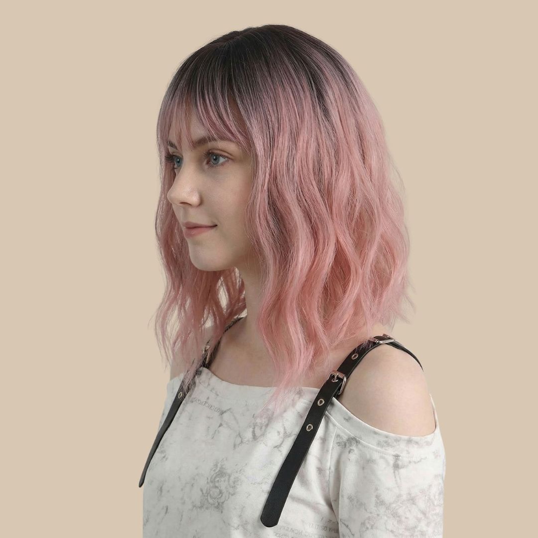 Rose Pink Ombre Wavy Bob Wig with Bangs