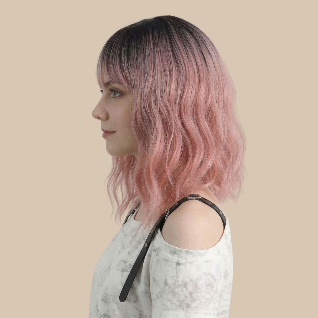 Rose Pink Ombre Wavy Bob Wig with Bangs