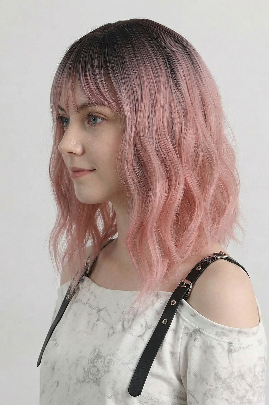 Rose Pink Ombre Wavy Bob Wig with Bangs