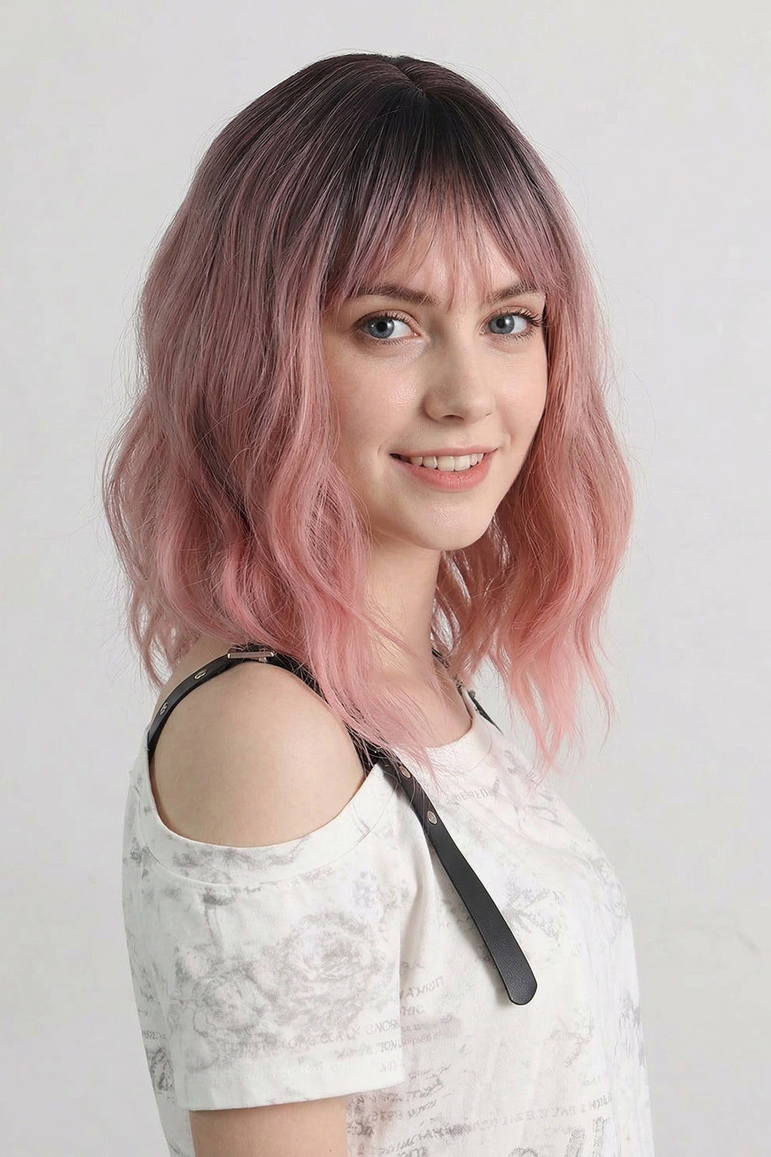 Rose Pink Ombre Wavy Bob Wig with Bangs