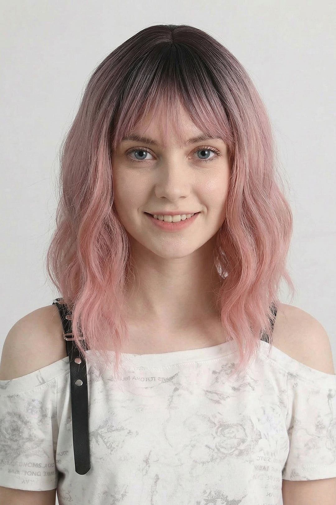 Rose Pink Ombre Wavy Bob Wig with Bangs