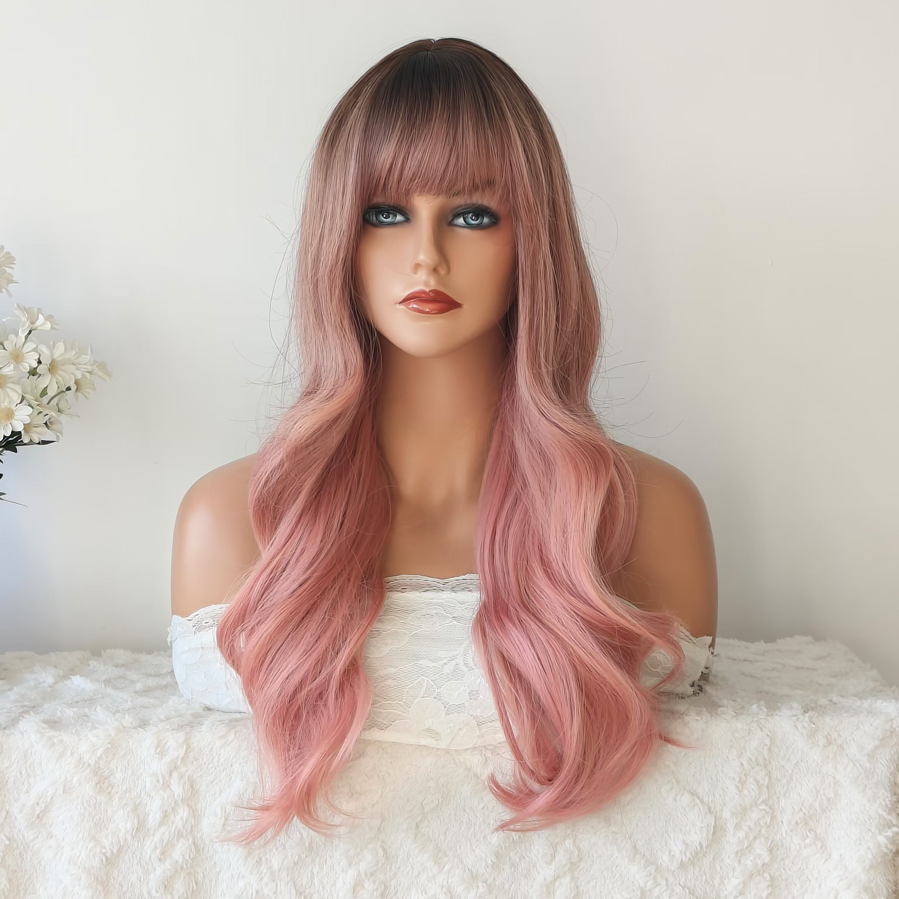 Charlotte Pink Long Wavy Wig with Bangs