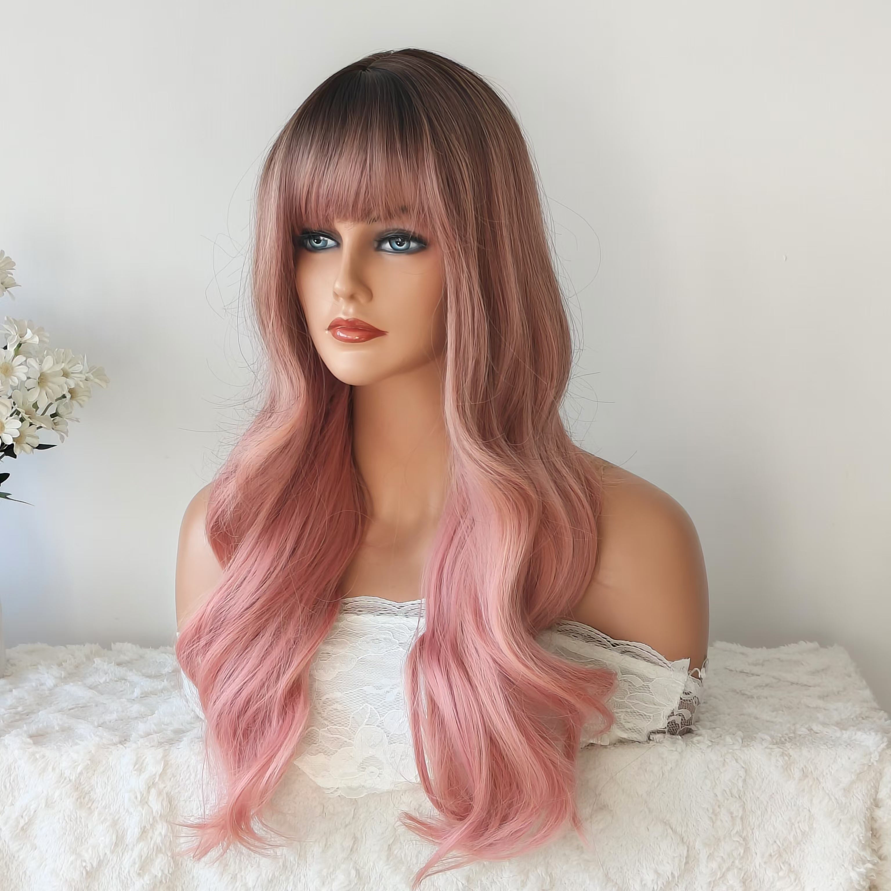 Charlotte Pink Long Wavy Wig with Bangs