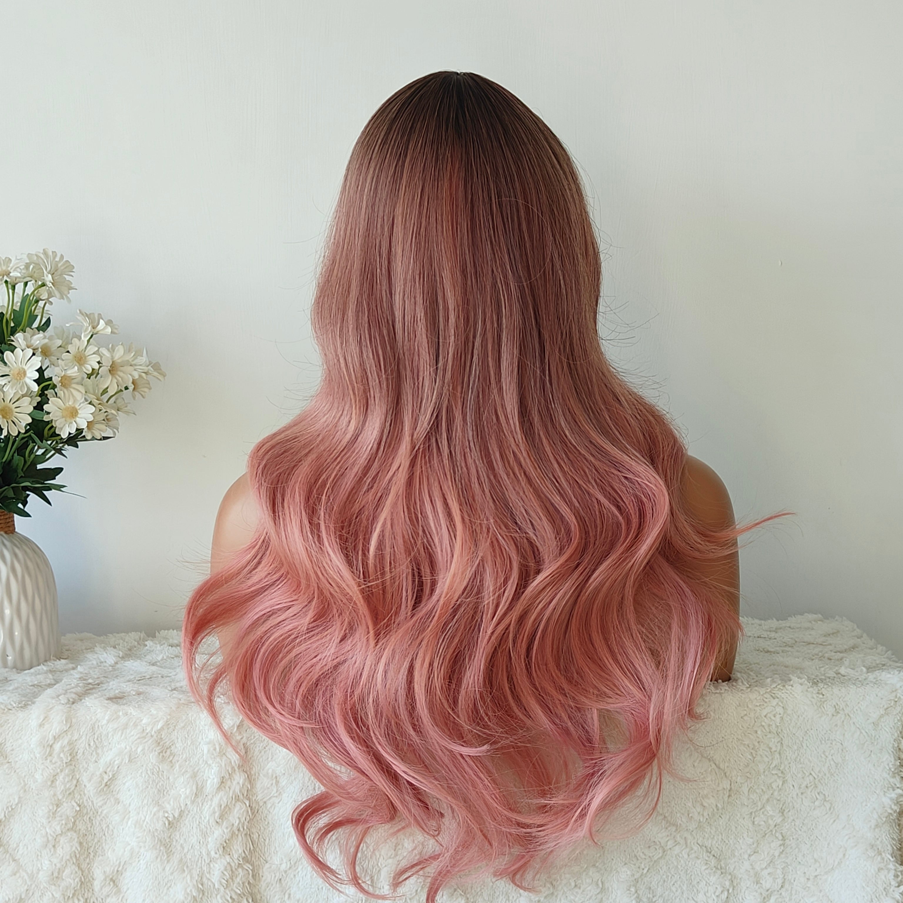 Charlotte Pink Long Wavy Wig with Bangs