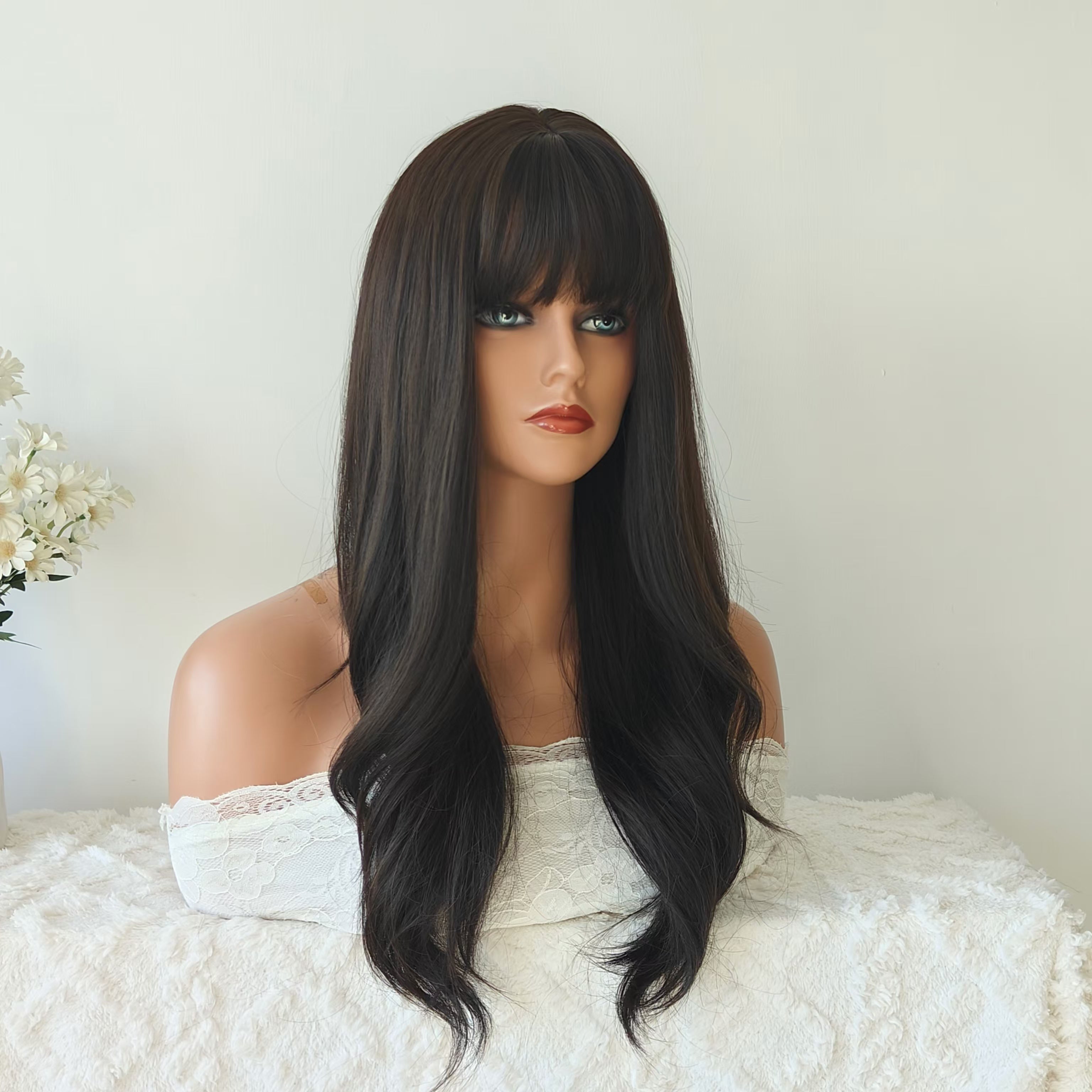 Emma Dark Brown Long Wavy Wig with Bangs