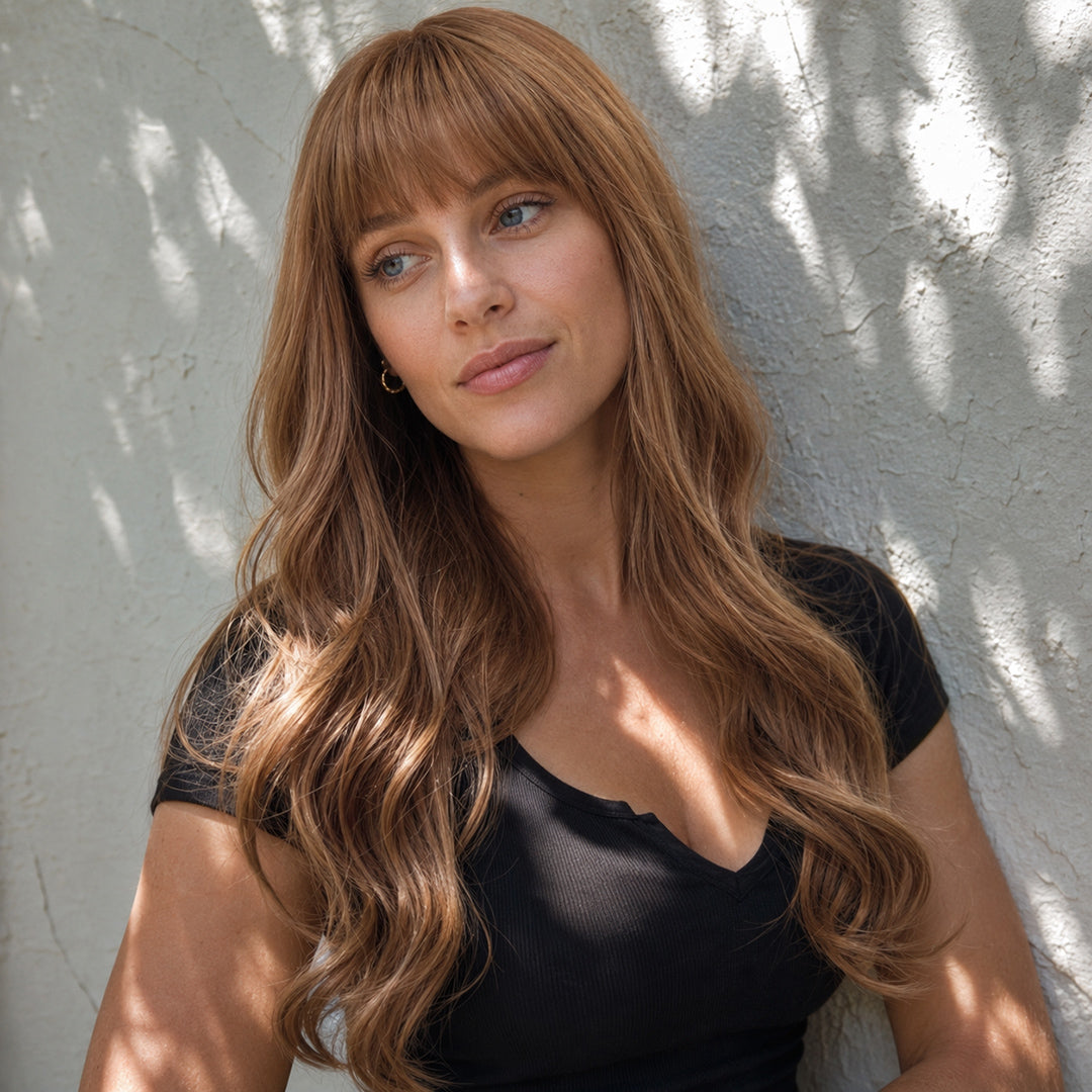 Amber synthetic wig, Warm Brown Bangs Natural Wave, UNILOVELY