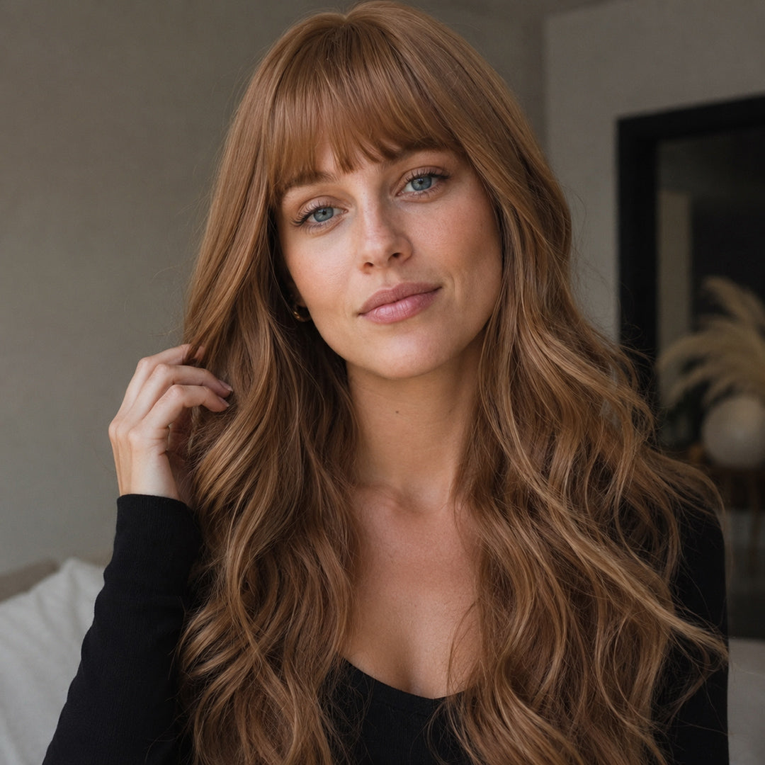 UNILOVELY Amber ready-to-wear synthetic wig, Warm Brown Bangs Natural Wave