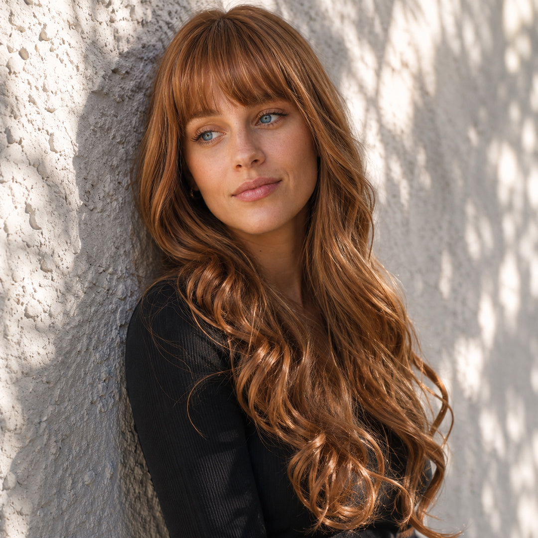 Amber synthetic wig, Warm Brown Bangs Natural Wave